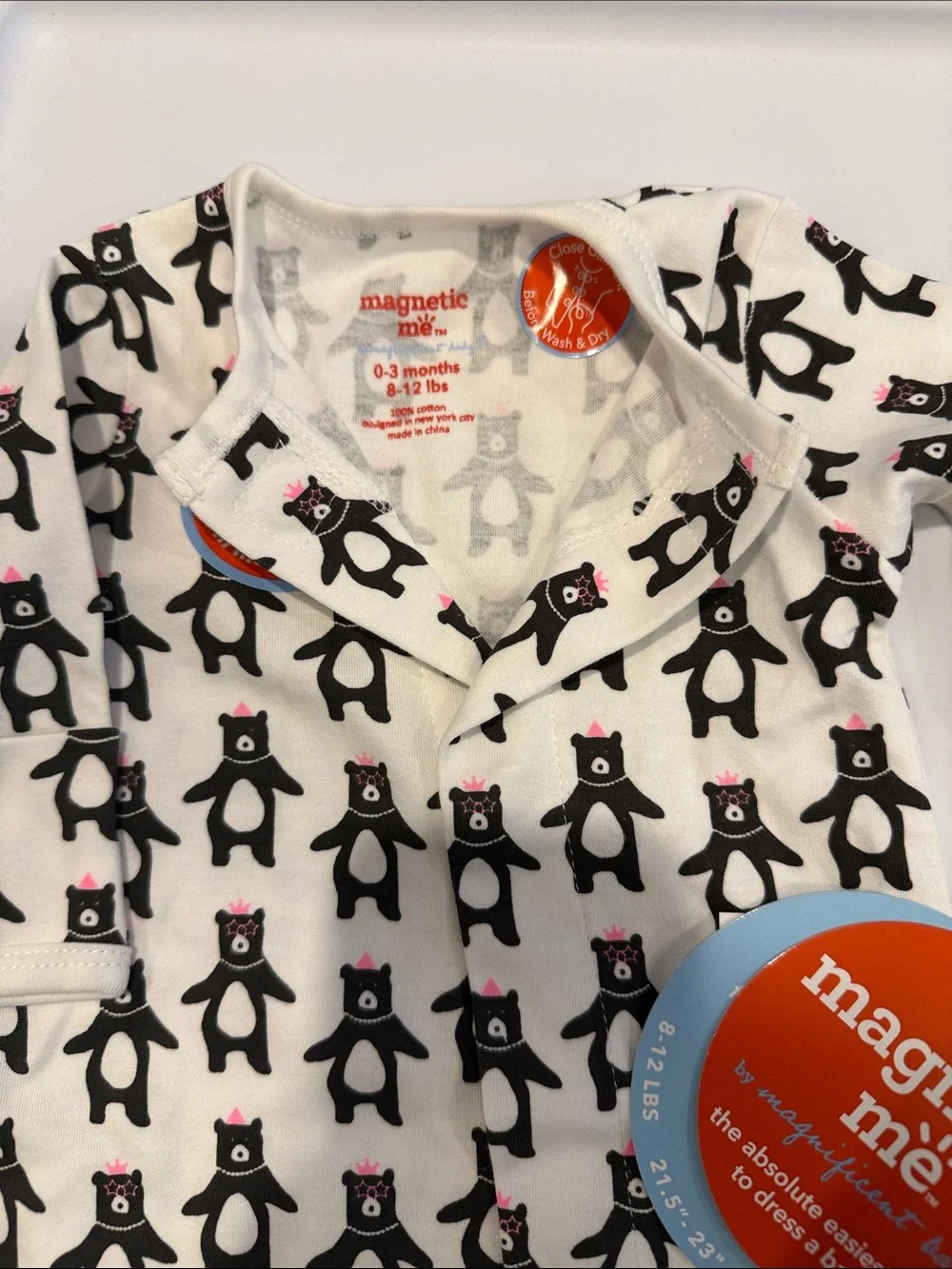 Magnetic Me White One-Piece with Black Bear Print and Pink Accents